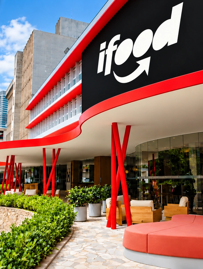 Fachada da sede do iFood, com a marca iFood e a marquise vermelha